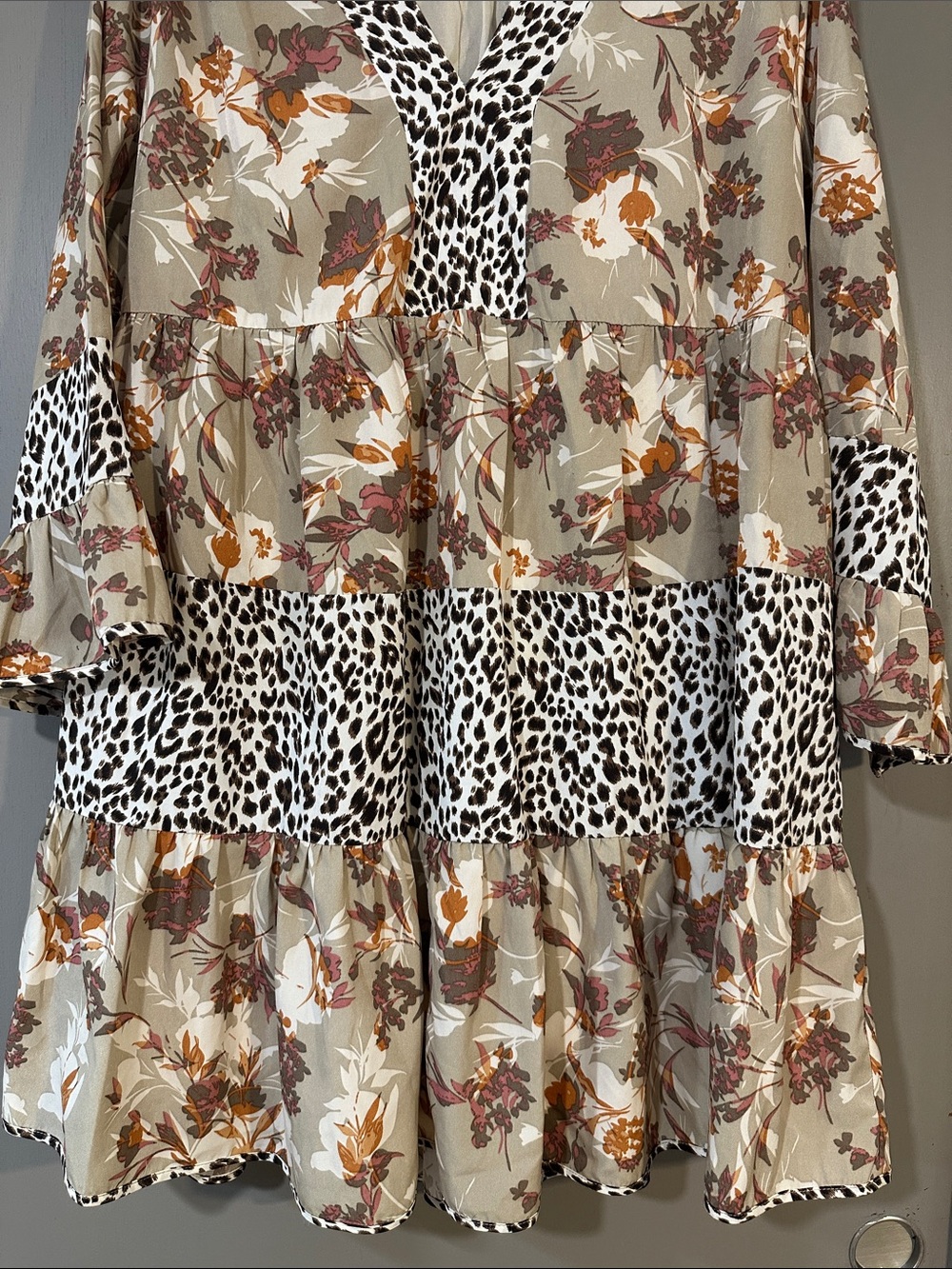 Entro Mixed Print Dress XL Floral & Leopard Ruffle Sleeve Boho Tiered - Picture 6 of 12